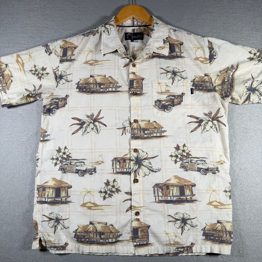 Jack O'Neill Mens Large Hawaiian Shirt Cream Woodie Car Surf Beach Print Cotton